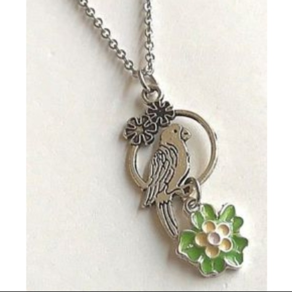 Vintage Parrot Necklace 20" Stainless Steel Chain Silver Tone Island Flowers - Picture 5 of 12